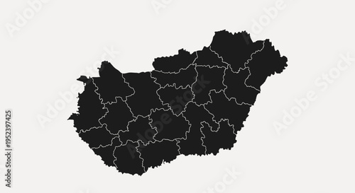 Map of Hungary with administrative divisions, black silhouette on a light gray background.