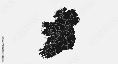 Map of Ireland with County Borders, Black Silhouette on White Background