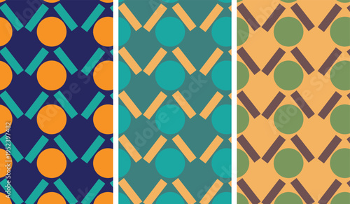 Seamless abstract geometric lattice pattern with circle and diamond shapes in retro color palette of blue teal orange and beige, modern minimal vector style