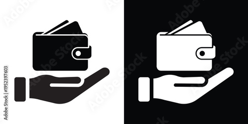 Minimalist icon of a hand holding a wallet, symbolizing financial support, assistance, or money service. Clean black and white vector design ideal for banking, fintech, or investment concepts.