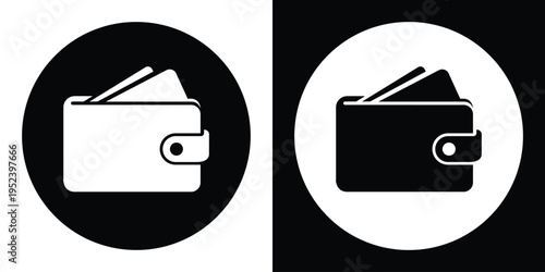 Modern flat icon of a wallet inside a circular badge, presented in inverted black and white styles. Clean geometric design representing finance, payment systems, and digital wallets.