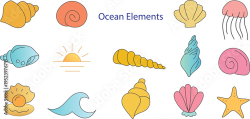Set of 13 ocean elements vector icons