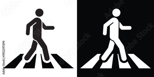 Simple vector icon of a pedestrian walking across a crosswalk, shown in black and white variations. Minimal flat design representing road safety, traffic rules, and urban movement.