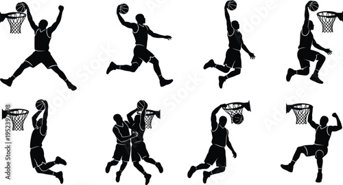 Acrobatic Basketball Dunk Silhouette Vector Set | High Flying Slam Player Athletic Jump Icon
