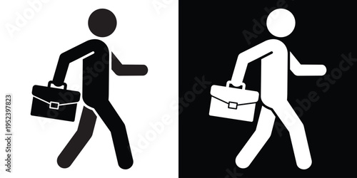 Minimalist vector icon of a walking businessman holding a briefcase, shown in black and white inverted versions. Clean flat design symbolizing work, travel, daily commute, and professional movement.