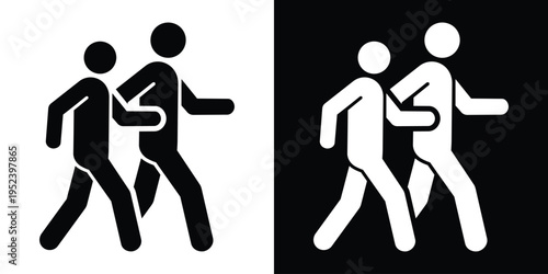 Silhouette style icon of two people walking together. Vector graphic representing pedestrians, commuting, public movement, or a walking tour. Modern flat design for signage and web.