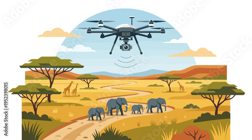 Aerial surveillance of elephants in their natural habitat using a drone for conservation and wildlife monitoring purposes