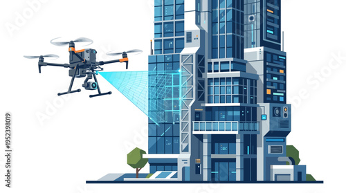 Drone surveying a modern high-rise building for inspection and data collection
