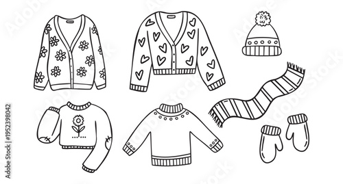 Cozy autumn doodle set of autumn clothing hat mittens scarf cardigans sweaters, line art monochrome hand drawn outline