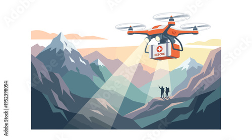 Drone delivering medical supplies to remote mountainous region for emergency rescue