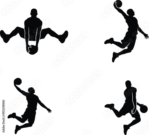 Street Basketball Freestyle Dunk Silhouette Vector Set | Urban Slam Player Trick Move Icon