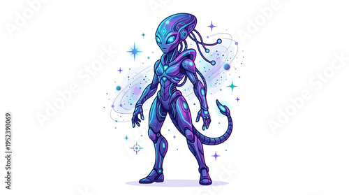 Futuristic Alien Character with Tentacles and Tail, Cosmic Background
