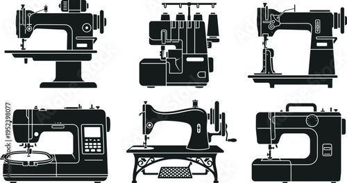 Industrial Sewing Machine Silhouette Vector Set | Factory Garment Equipment Tailor Icon