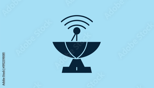 Clean vector icon illustrating a satellite dish broadcasting communication signals, symbolizing global network connectivity, digital information exchange, and wireless technology