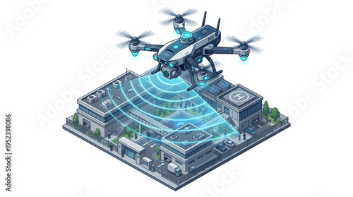 Advanced drone surveillance system monitoring modern corporate buildings and infrastructure with advanced technology