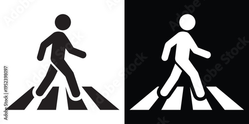 Simple vector icon of a pedestrian walking across a crosswalk, shown in black and white variations. Minimal flat design representing road safety, traffic rules, and urban movement.