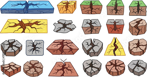 Isometric cracked earth and stone block game assets