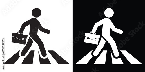 Icon of a person with a briefcase walking on a zebra crosswalk. Symbol for business commuting, professional travel, pedestrian safety, and city life. Clean black and white vector art.