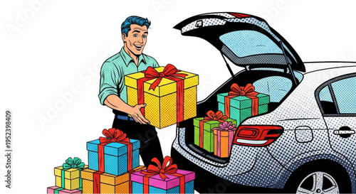 Man unloading colorful presents from car trunk during holiday season  