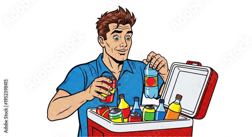 Man looking at drinks in cooler with excitement and curiosity  