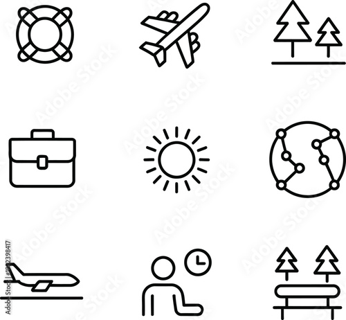 Travel and tourism icon set. Airplane, nature, and summer holiday vector illustration