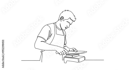 Man sharpening knife on whetstone in kitchen environment  