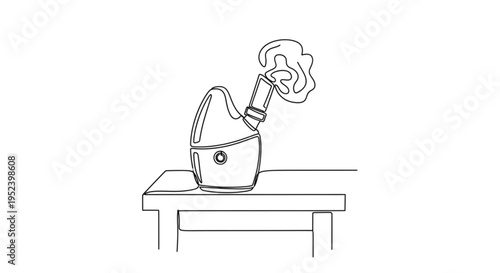 Steam inhaler releasing vapor on wooden table  