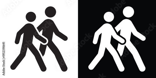 Silhouette style icon of two people walking together. Vector graphic representing pedestrians, commuting, public movement, or a walking tour. Modern flat design for signage and web.