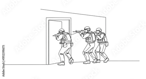 Tactical team breaching a building in a strategic formation  