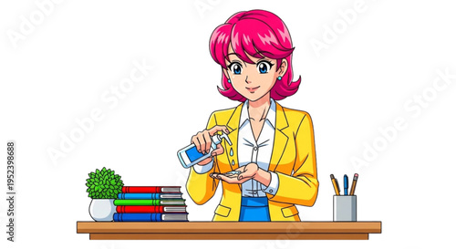 Young woman applying hand sanitizer while working at her desk  