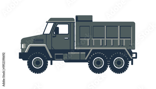 Flat vector illustration of a rugged six-wheel utility truck, designed for heavy-duty off-road transport and cargo hauling in challenging environments