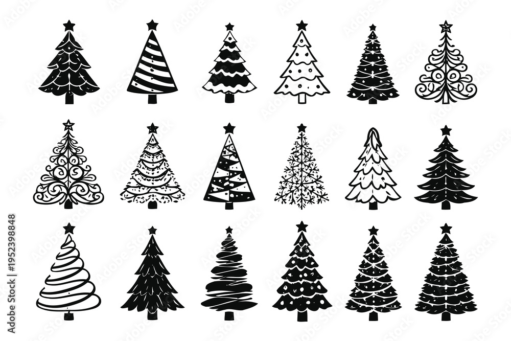 Obraz premium A collection of eighteen unique hand drawn christmas tree icons in black and white line art style Vector