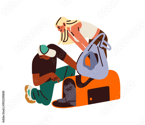 Tourists check on cute cat in carrier while journey. Owners with pet travel together. People bring kitty in bag at vet clinic. Tourism with animals. Flat isolated vector illustration on white