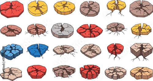 Colorful broken ground platform isolated 3d rendering model set
