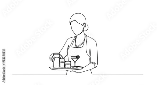 Woman serving drinks on tray in minimalist line art style  