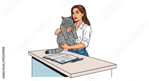 Woman holding gray cat at veterinary reception desk  
