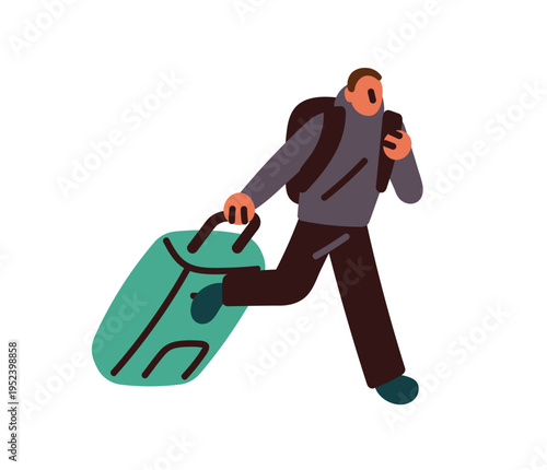 Tourist with suitcase and backpack is rushing to departing flight. Passenger is late to check in at airport. Person with baggage hurries up to travel. Flat isolated vector illustration on white