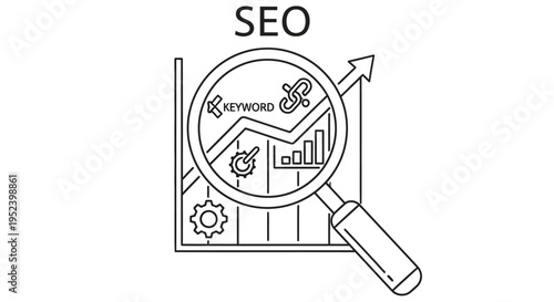 SEO concept illustration magnifying glass over a graph with keyword and growth symbols