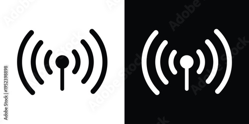 Vector illustration of a wireless signal tower with radio waves. Flat icon representing Wi-Fi hotspot, cellular broadcast, and telecommunications. Isolated on black and white backgrounds.