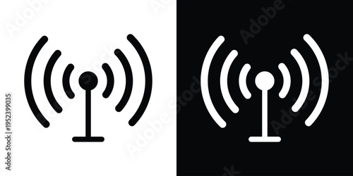 Vector illustration of a wireless signal tower with radio waves. Flat icon representing Wi-Fi hotspot, cellular broadcast, and telecommunications. Isolated on black and white backgrounds.