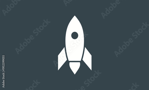 Clean and minimalist white rocket icon illustration symbolizing startup launch, business growth, technological innovation, and future success on a dark background
