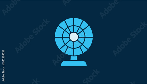 Minimalist vector illustration of a vibrant blue electric fan icon, representing cooling, refreshing air movement, and comfort in a clean, modern design