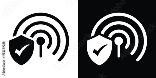 Secure wireless network icon featuring a signal transmitter protected by a shield with a checkmark. Represents cybersecurity, encrypted Wi-Fi, private connection, and data safety.