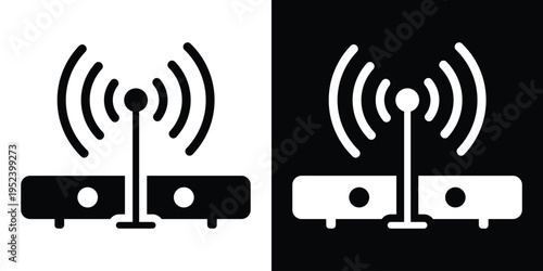 Modern wireless router or modem icon with a central antenna emitting signal waves. Vector illustration for networking hardware, home internet setup, and telecommunication equipment.