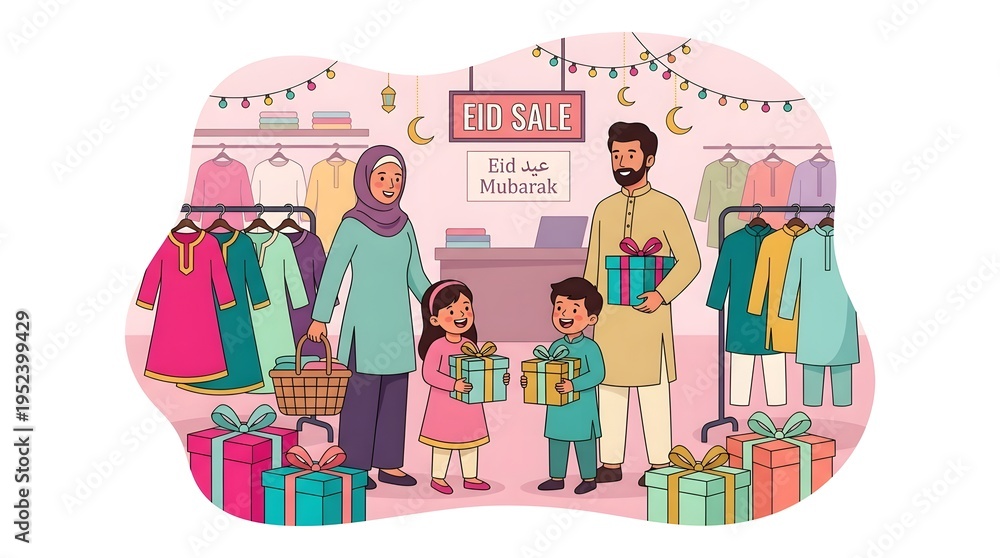Naklejka premium Cheerful Flat Illustration of Eid Mubarak Shopping With Family In Store