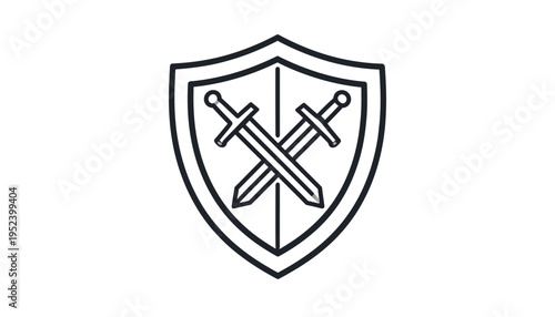 Vigilant Emblem A Dynamic Line Art Icon Illustrating a Robust Shield with Crossed Swords, Symbolizing Protection, Defense, and Ancient Strength Concepts