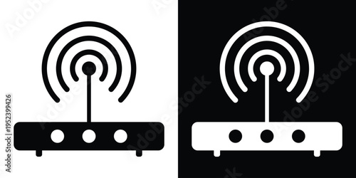 Modern wireless router or modem icon with a central antenna emitting signal waves. Vector illustration for networking hardware, home internet setup, and telecommunication equipment.