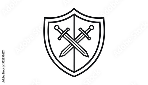 Classic black and white line art icon depicting a sturdy shield protecting two crossed swords, symbolizing strength, security, and honor, perfect for branding or decorative elements