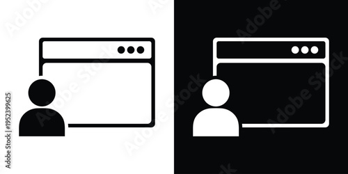 Web browser window icon paired with a human profile silhouette. Minimalist graphic representing user accounts, member login, personal dashboard, and web-based administrative access.