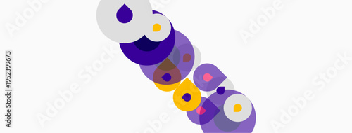Abstract circles overlap, creating dynamic composition. Purple, white, yellow hues dominate simple design. Modern, playful aesthetic.